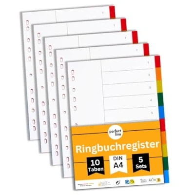 Imagen de perfect line separadores archivador 4 anillas DIN A4, de 10 unidades, set 5, plástico, FABRICADO EN ALEMANIA