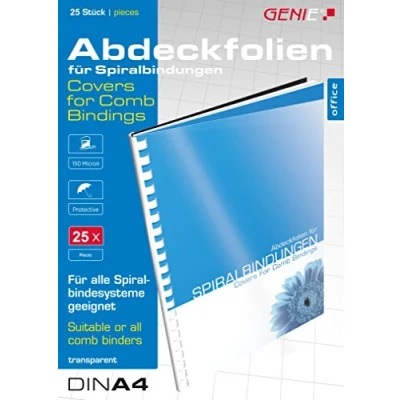 Imagen de Genie 12385 25 piezas hojas de cubierta transparente, A4, claro, 150 micras adecuado para todas las máquinas encuadernación, transparente