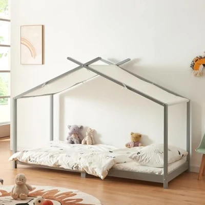 Imagen de [en.casa] Cama para Niños Brome con Techo de Textil Desmontable Infantil Individual Somier Estructura en Forma Casa Estilo Montessori 90 x 200 cm Madera Pino Gris y Blanco