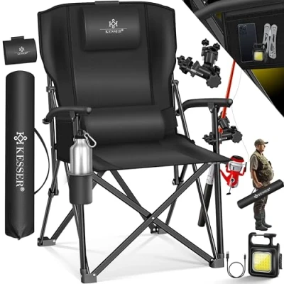 Imagen de KESSER® Silla de Camping Plegable hasta 160 kg, Tapizada con Reposabrazos, Luz Camping, Portavasos, Bolsa Respaldo Alto, Soporte para caña Pescar, Negro/Negro