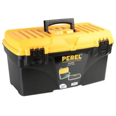 Imagen de Perel Caja de herramientas, polipropileno, con bandeja herramientas extraíble, manija plegable y cierres plástico, negro/amarillo, 535 x 291 280 mm
