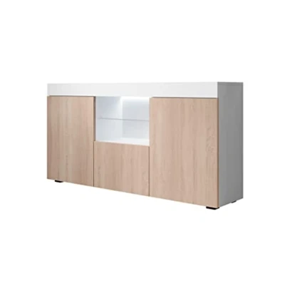Imagen de MB Muebles Bonitos Aparador Salón Comedor Moderno Ancho 135cm x Alto 73 cm Profundo 34 Mueble de Melamina Mate con luz LED Color Blancoy Sonoma Modelo Sefora