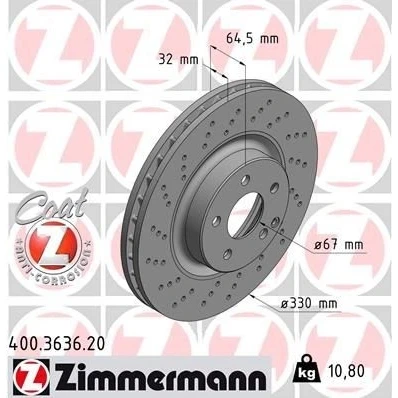 Imagen de ZIMMERMANN COAT Z 400.3636.20 Disco de freno 330 32 6/5 5 112 ventilación interna, perforado revestido altamente carbonizado MERCEDES BENZ: SL Cabrio