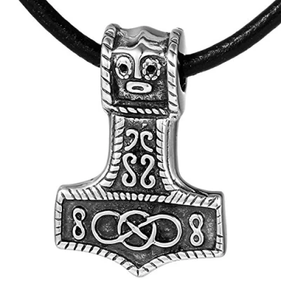 Imagen de DonDon Collar de Cuero con Colgante Martillo Thor Acero Inoxidable en Bolsa para Joyas