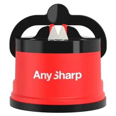 Imagen de AnySharp Afilador de Cuchillos, Seguridad sin Manos, Ventosa, Afila con Todos los Cuchillos Cocina, Ideal para Acero Endurecido y Dentados, El Mejor del Mundo, Compacto, Rojo