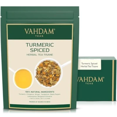 Imagen de VAHDAM, Té De Hierbas Especiado Con Cúrcuma (50 Tazas) 100 G Antigua Mezcla India Y Especias Frescas Jardín Tés