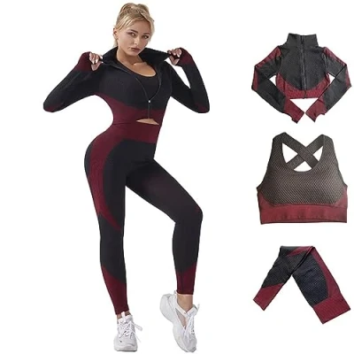 Imagen de Veriliss 3 Piezas Mujer Yoga Traje Entrenamiento Para, Gym Mallas de Sin Costuras y Sujetador Deportivo Elástico Ropa Gimnasio