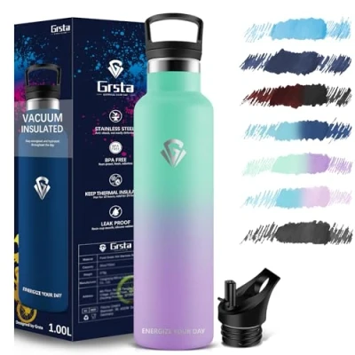 Imagen de Grsta Botella agua Acero Inoxidable, Termica 1l, sin BPA, Gimnasio, Cantimplora para Adultos, Deporte, Oficina, Gym, Escuela