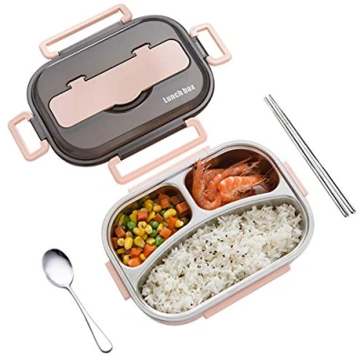 Imagen de amropi Acero Inoxidable Fiambrera Contenedores de Alimentos Apta para lavavajillas Bento Comida Caja Almuerzo con Cuchara(Rosa,3 Compartimentos)