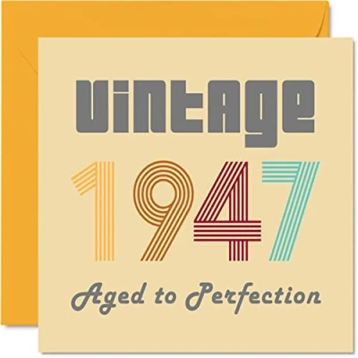 Imagen de tarjetas de cumpleaños 77 para hombres y mujeres, estilo vintage 1947, envejecidas a la perfección, tarjeta divertida ella, 145 mm x mm, felicitación