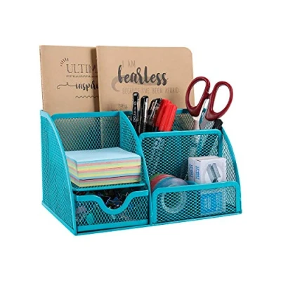 Imagen de Organizador Generic. de escritorio metal (con 5 compartimientos almacenamiento y 1 cajón, con almohadillas goma), color azul