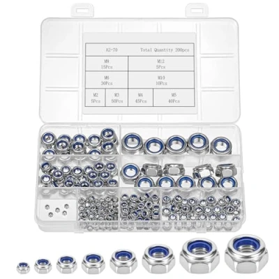 Imagen de Bczhieulw 200 PCS combinación de tuercas, Tuercas Bloqueo Automático Acero Inoxidable, Hexagonales, Inserciones Roscadas M2、M3、M4、M5、M6、M8、M10、M12, Nylon