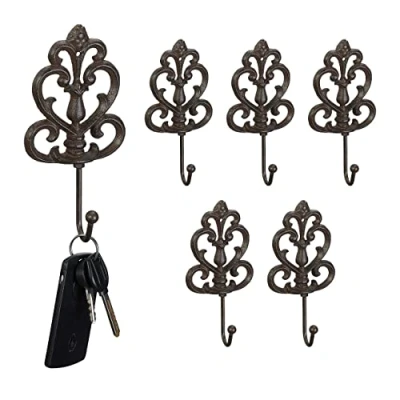 Imagen de Relaxdays Perchero Unidades Ganchos de Pared Set 6 Hierro Fundido, Diseño Arabescos, Colgadores Individuales, Marrón, 17 x 8,5 4,5 cm Aprox
