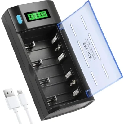 Imagen de ENEGON Cargador Pilas Universal para NI MH CD de Tipos C, D, AA, AAA, 9V, con Función Descarga y Pantalla LCD, Rápido Recargables AA AAA
