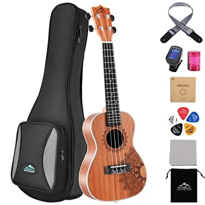 Imagen de EASTROCK Ukelele soprano para principiantes de madera sapele 21 pulgadas con bolsa espesada, afinador, correa, cuerda carbono, juego paño limpieza