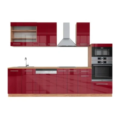 Imagen de Vicco Mueble de Cocina Fame Line, Burdeos Brillo Intenso/Roble Dorado, 300 cm con Armario Alto, ET Roble