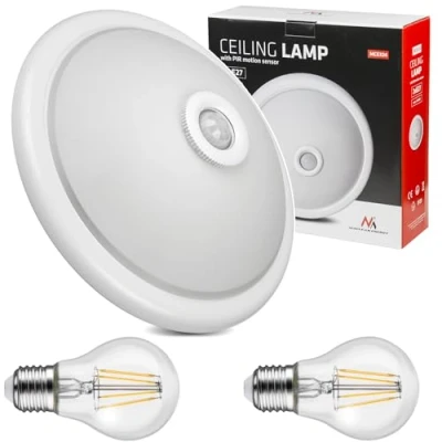 Imagen de Maclean MCE324 Lámpara de techo con Sensor Movimiento y Crepuscular, Incluye Bombilla, Luz Interior, PIR, Iluminación IP20 360 E27 (Lámpara incl. 2x LED 4W Blanco cálido A60)