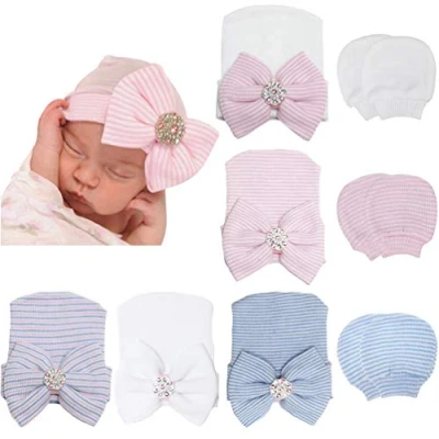 Imagen de DRESHOW Sombrero y Manoplas para Bebé Recién Nacido,5 Sombreros 3 pares de Bebés, Niños, Niñas, 0 Meses