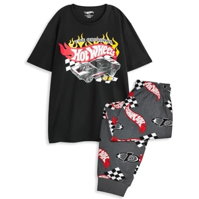 Imagen de Hot Wheels Conjunto de Pijama para Hombre Camiseta Manga Corta con Estampado Coche Carreras Adultos y Pantalones Pernera Larga en Negro Gris