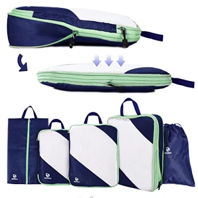 Imagen de AiQInu Organizador de Maleta, 5 piezas Compression Packing Cubes Ultraligera,Expansible, Ahorro Espacio Organizadores Viaje Para Ropa, Ropa Interior,Bolsa Zapatos (Azul oscuro)