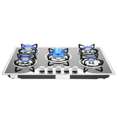 Imagen de cocina de gas 5 zonas, empotrable LPG/NG fuegos acero inoxidable autosuficiente para natural y propano
