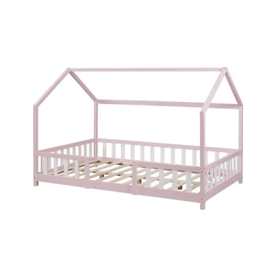 Imagen de [en.casa] Cama para Niños Sisimiut de Madera Pino 140 x 200 cm Infantil con Reja Protectora y Somier Forma Casa Casita Rosa