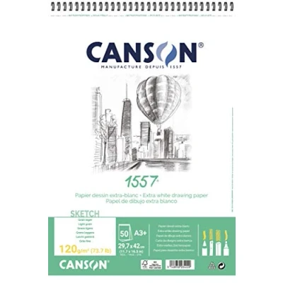 Imagen de Canson 1557, Papel de boceto Blanco, Grando ligero, 120g, Espiralados sobre el lado corto, A3 29,7x42cm, Extra 50 Hojas