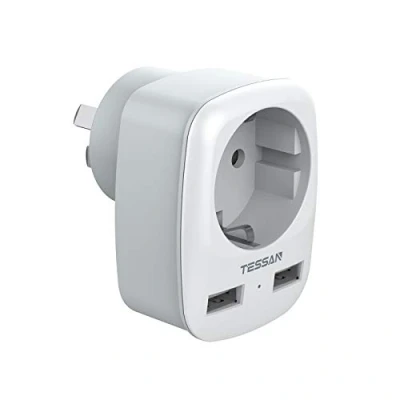 Imagen de TESSAN Adaptador Enchufe Australia Chino de Viaje con 2 USB 2.4A, Español Patas Europa hacia 3 Pata China para Argentina Chinos Nueva Zelanda Uruguay Fiji Tipo I Blanco
