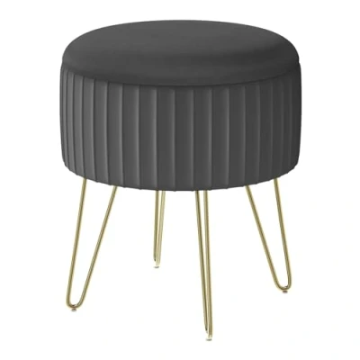 Imagen de WOLTU Puff Almacenaje, Otomana de Salon, Taburete Redondo Terciopelo, Baul para Sala Estar/Dormitorio/Entrada, Patas Metal, φ31,5x37.5 cm, Gris Oscuro, SH105dgr