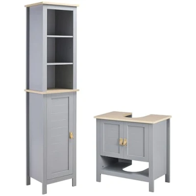Imagen de kleankin Conjunto de Baño Juego Columna y Mueble para Debajo del Lavabo con Estante Ajustable Estilo Moderno 39x30x168 cm 60x30x60 Gris