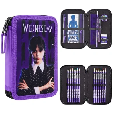 Imagen de Wednesday Estuche Miércoles Addams Escolar Niña con Material Incluido Plumier Completo Compartimentos