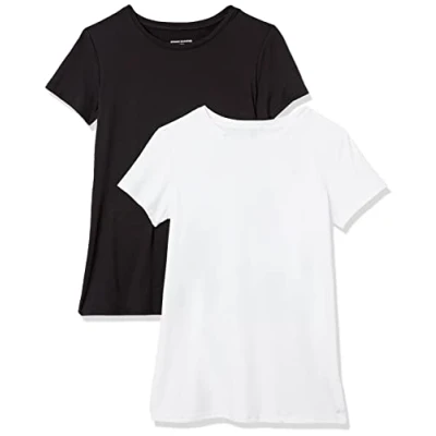 Imagen de Amazon Essentials Camiseta técnica elástica de Manga Corta y Cuello Redondo (Disponible en Tallas Grandes) Mujer, Pack 2, Blanco/Negro, S