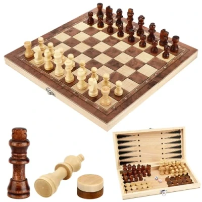 Imagen de Juego de Ajedrez, 3 in 1 Ajedrez Madera Damas Backgammon, Plegable Portátil Tablero Chess Board para Niños Adulto Fiesta Viaje 29 x29CM