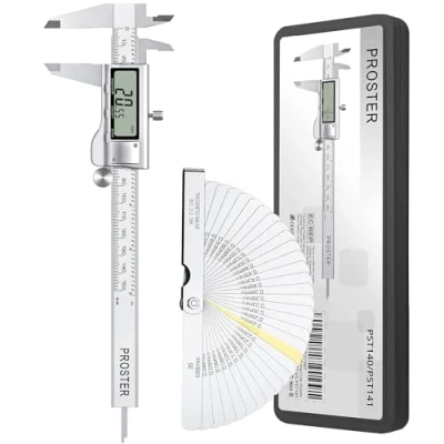 Imagen de Proster Kit de Calibre Digital 150mm / 6&quot; Pie Rey con Galga Espesores 32 Hojas Acero Inoxidable Calibrador Medición Métrica/Fracciones/Pulgadas para Ancho Longitud