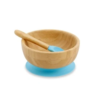 Imagen de BIOZOYG Juego de bols bambú redondo I bol con ventosa y cuchara Certificado FSC madera para niños Tazón papilla cereales bebés Vajilla redonda azul