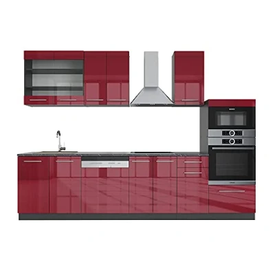 Imagen de Vicco Mueble de Cocina Fame Line, Burdeos Brillo Intenso/Antracita, 300 cm con Armario Alto, sin encimera
