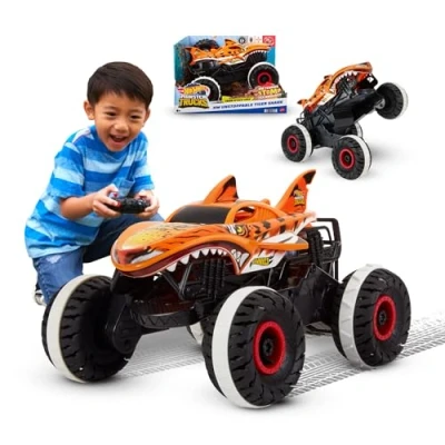Imagen de Hot Wheels Monster Trucks Coche de Juguete Radio Control teledirigido Tiger Shark Unstoppable, vehículo Todoterreno, +3 años (Mattel HGV87)