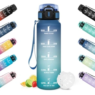 Imagen de HoneyHolly Botella Agua, 1L, Marcador de Tiempo, Portátil, Botella, Reutilizable, Agua Gimnasio, A Prueba Fugas, Cantimplora para Ciclismo, Oficina y Exteriores