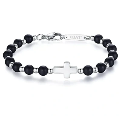 Imagen de GAVU Pulsera Cruz para Hombres con Cuentas de Piedra Ónice Mate y Acero Inoxidable S