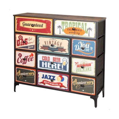Imagen de AKTIVE 18404 MAX Home Cómoda Dormitorio Multiusos, Gráficos Retro y Vintage, 11 cajones de Tela, 103x30x98 cm, Estructura Acero, Tablero Madera, Mesitas Noche, Muebles salón