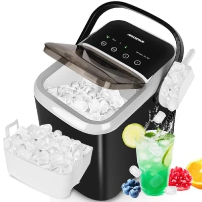 Imagen de Aigostar Maquina de Hacer Hielo, Tapa Doble Fácil Limpiar, 130W 1,5L Hielo Para Casa, Hielos en 6 Mins, Fabrica 14kg/24h, 2 Tamaños Cubitos, Autolimpieza Ice Maker Machine