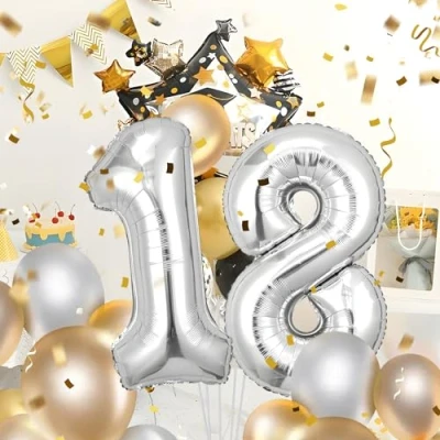 Imagen de Globos de 18 cumpleaños,Plata pulgadas Globo número, decoraciones número cumpleaños para hombre y mujer, inflable lámina Plata