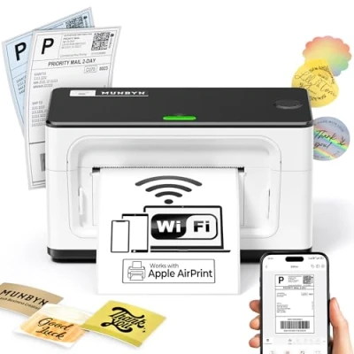 Imagen de MUNBYN Impresora de Etiquetas térmica AirPrint, WiFi Adhesivas, Envío, Compatible con iOS, Android, MacOS, Windows, Chromebook, Amazon, DHL y UPS, Blanco