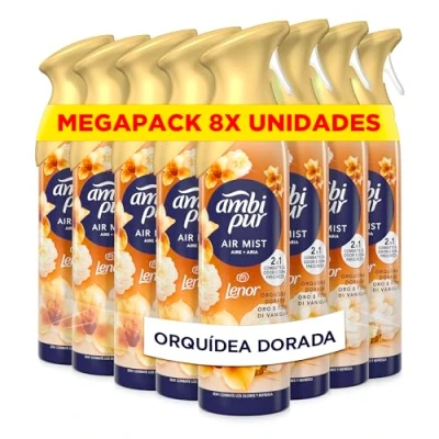 Imagen de Ambipur Orquídea Dorada Ambientador En Spray 185ml x 8, Con Una Fragancia El Doble De Duradera Que Elimina Olores Y Deja Un Aroma Fresco Ligero