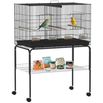 Imagen de PawHut Jaula para Pájaros con Ruedas Divisor Pajarera Comederos Perchas y Bandeja Desmontable Mascota Aves Loros Canarios 94x57x128 cm Negro