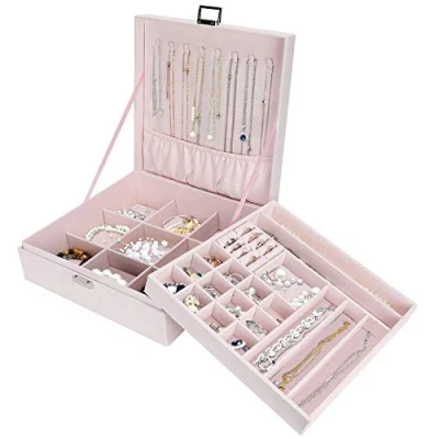 Imagen de Procase Estuche Joyero Grande Aterciopelado para Mujer, Caja Organizadora de 2 Pisos con Colgador Collares Pendientes, Guardar Joyas Accesorios Decoración Pulseras Anillos Relojes en Hogar Rosado