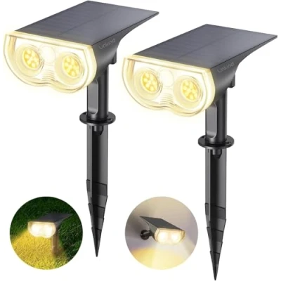 Imagen de Linkind Luces Solares LED Exterior Jardin, Foco Solar con Sensor de Luz, Blanca Cálida 3000k 650lm, Lámpara Impermeable IP67 para Iluminación Caminos, Patio,Terreza y Camping (2 Piezas)