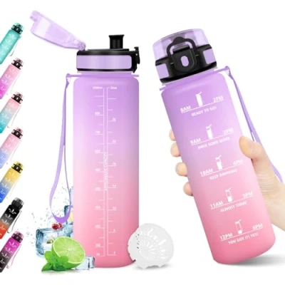 Imagen de KollyKolla Botella Agua Deportiva 1L, Garrafa sin BPA, con Marca de Tiempo Filtro, Motivacional, Reutilizable, Cantimplora para Escuela, Oficina, Sport, Yoga, Gimnasio