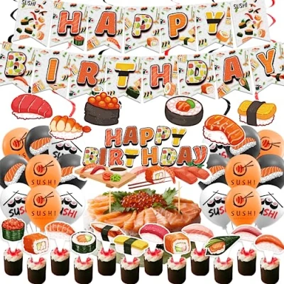 Imagen de Decoraciones de fiesta sushi, suministros cumpleaños japonesa, incluye pancarta sushi feliz cumpleaños, decoración pasteles, globos para temática