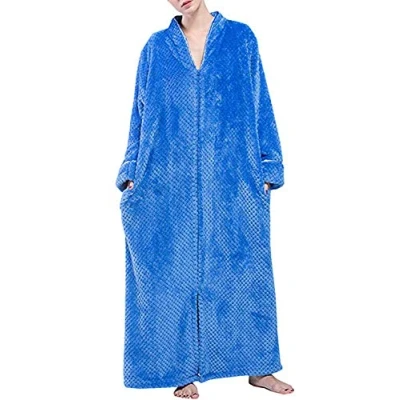Imagen de Kinloy bata de baño lujo para mujer, con cremallera, longitud completa, forro polar, ligera, esponjosa, lujo, dormir, azul, M